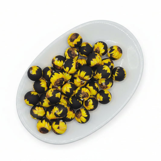 Black Sunflower Printed Bead