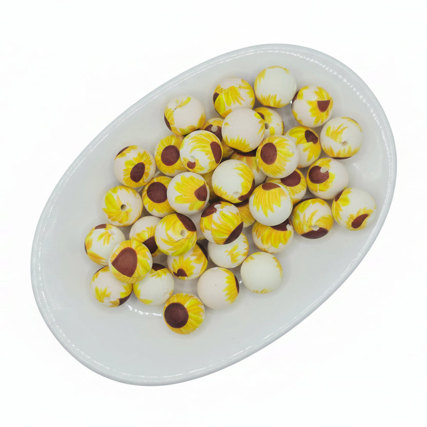 White Sunflower Printed Bead