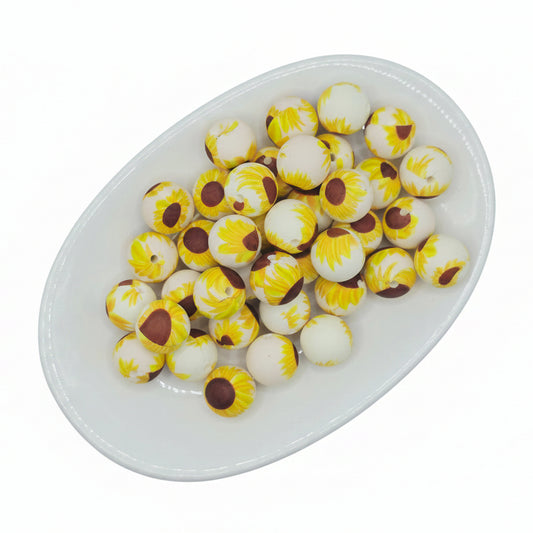 White Sunflower Printed Bead